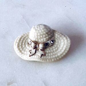 Lenox Porcelain Sun Hat Brooch Gold Trim Rhinestones Vintage 1980s Jewelry Pin